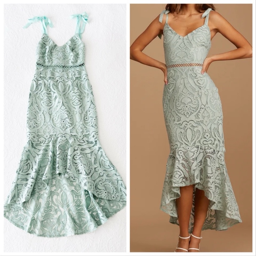 NWOT Lulus Won Your Heart Sage Green Lace Tie-Strap High-Low Midi Dress Small